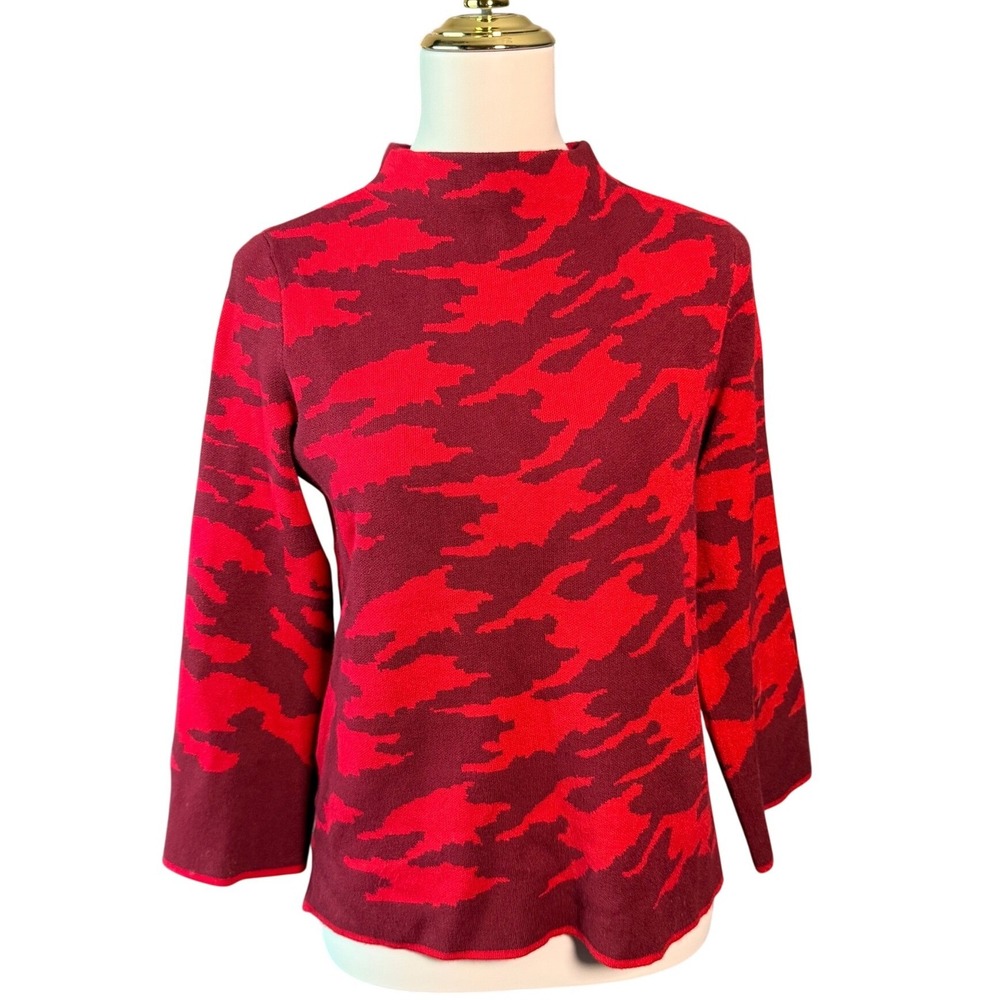 Chicos Red Burgundy Camouflage Mock Neck Knit Top 0P Ring Zipper Back